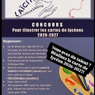 Concours 2e édition lancé ! Theme :Laïcité pour le 120e anniversaire de la loi sur la laïcité.
Retour de vos productions le 6 décembre au plus tard! Elles seront ensuite exposées dans le hall pour le vote !