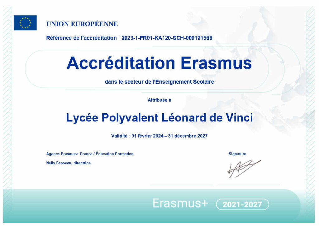 Renouvèlement de l&rsquo;accrédidation ERASMUS+ pour Léonard de Vinci